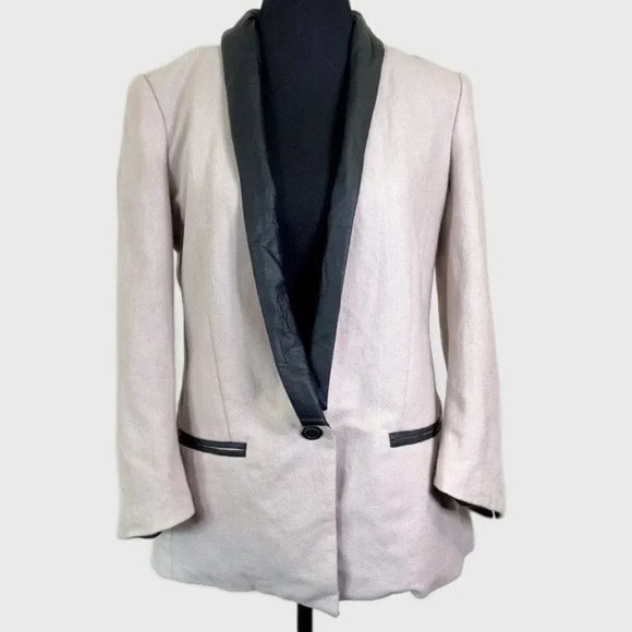 W118 WALTER BAKER | WOOL BLEND FAUX LEATHER TRIM SHAWL COLLAR BLAZER - Picture 1 of 15